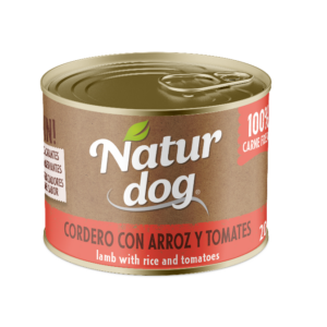 Naturdog Cordero con arroz y tomates, lata individual de 200 g; venta en pack de 6 latas